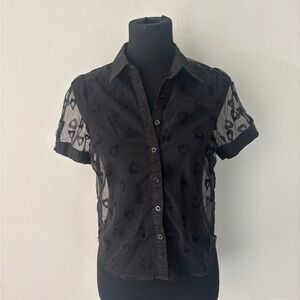 Black sheer button up blouse with ouija heart pattern